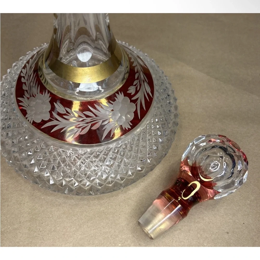 Vintage Golden Crown E&R Hand Cut Lead Crystal Brandy Decanter Ruby Red Overlay